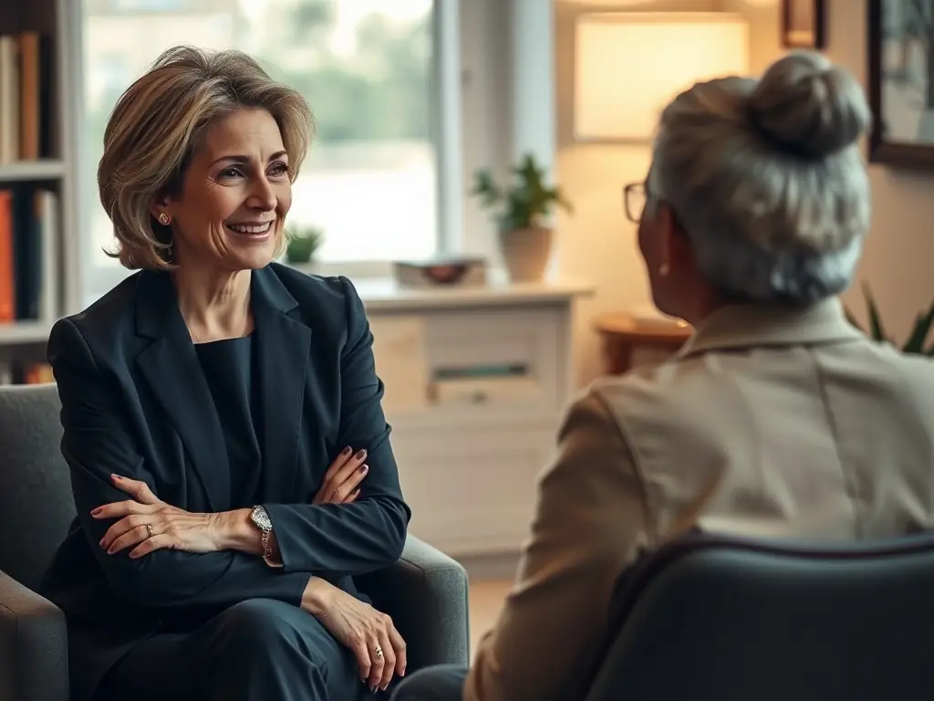 A caring attorney is explaining child custody options to a concerned parent, using visual aids to illustrate different parenting plans. The setting is a comfortable and private meeting room.