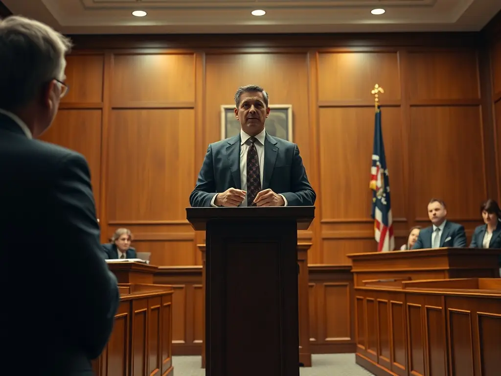 A determined attorney is presenting a case related to domestic violence in a courtroom setting, advocating for the safety and protection of their client. The scene is serious and impactful.