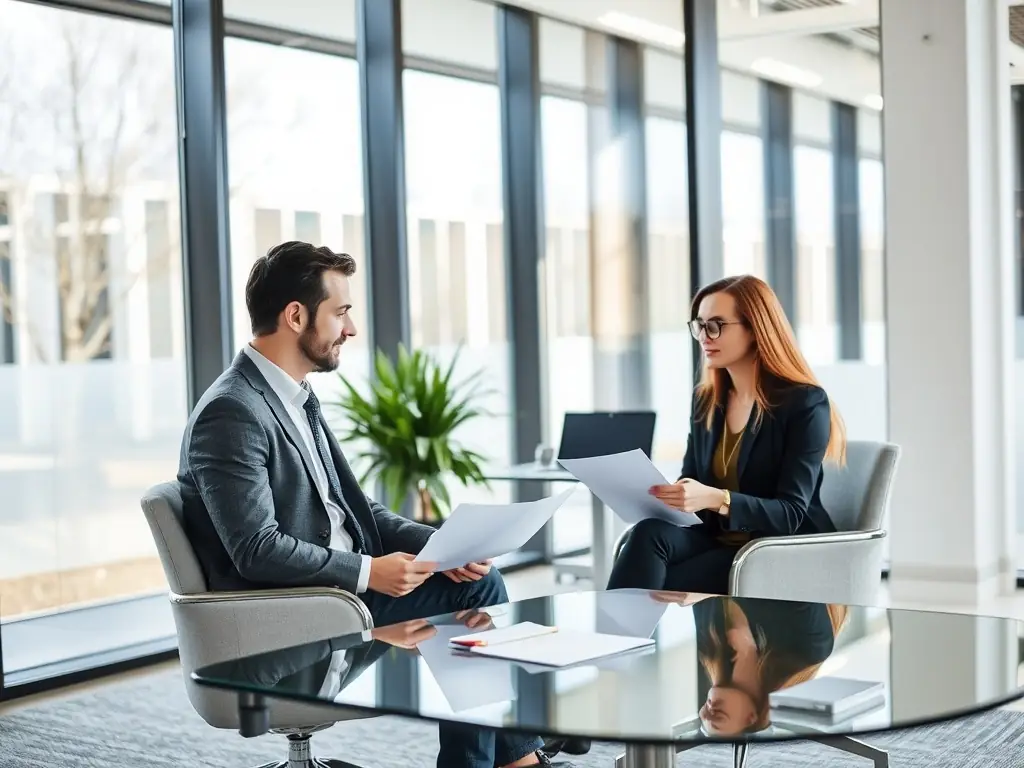 A professional and empathetic attorney is consulting with a client, reviewing documents related to a divorce case in a well-lit office. The scene conveys trust and competence.